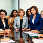 Diverse women in professional attire collaborate in a meeting.