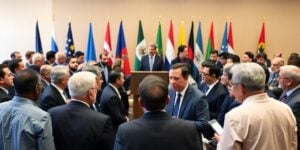 Global leaders and journalists discussing press freedom at conference.