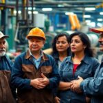 Diverse workers discussing economic impacts of U.S. tariffs.