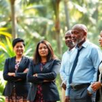 Diverse leaders gathered outdoors discussing energy access solutions.