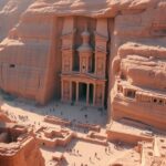 Ancient rock-cut architecture of Petra against vibrant cliffs.