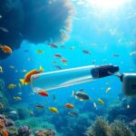 Underwater scene with diverse marine life and eDNA technology.