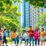 Diverse community engaging in outdoor educational activities in a city.