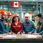 Canadian workers collaborating on trade and tariffs discussion.