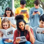 Diverse young adults interacting with digital news platforms.