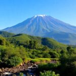 Mount Kilimanjaro with lush forests and flowing streams.