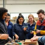 Group of diverse tradespeople collaborating at a conference.
