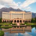 Bellagio Center with gardens and mountains in the background.