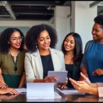 Diverse women collaborating in a modern office environment.