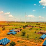 Vibrant African landscape with solar panels and wind turbines.