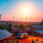 Solar panels and wind turbines in a sunny landscape.