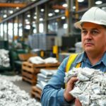 Concerned factory worker in aluminum plant amid rising tariffs.