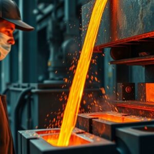 Steel worker pouring molten steel in a mill.