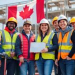 Workers in safety gear with a Canadian flag backdrop.
