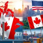 Canadian factories and workers against an American skyline.