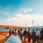 Renewable energy landscape with solar panels and wind turbines.