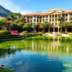 Scenic view of Bellagio Center gardens and water.