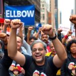 Union members rallying with raised fists and passionate expressions.