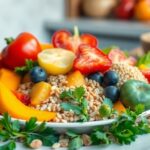 Colorful plate of healthy fruits and vegetables.