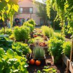 Veterans working in a flourishing community garden.