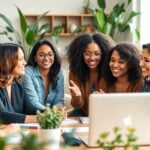 Group of diverse women entrepreneurs collaborating in a workspace.