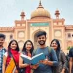 Diverse students, Indian architecture, scholarship portal, open book, global map.