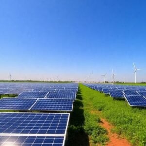 Solar panels in a rural Nigerian landscape.