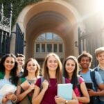 Student looks at open university gates.