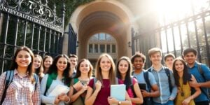 Student looks at open university gates.