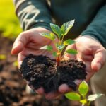 Hands holding sprouting plant over rich soil.