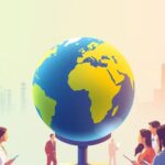 Globe with diverse professionals, Indian landmarks.