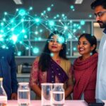 Indian scientists collaborating, laboratory setting.