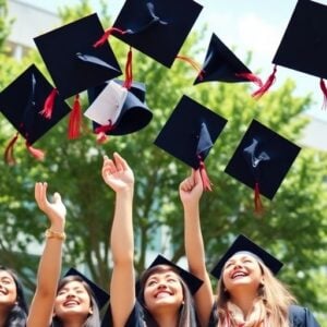 Students celebrating in graduation caps