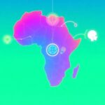 African map with network lines, tech icons.