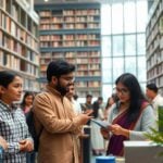 Indian university campus: diverse students, researchers, and faculty collaborating.