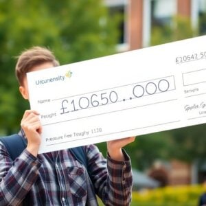 Student smiles with large scholarship check.