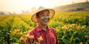 Chinese farmer celebrating successful harvest.