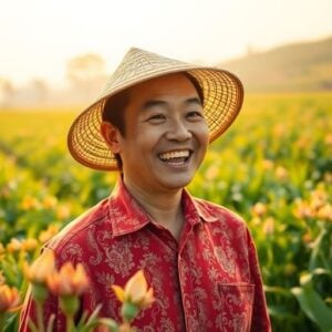 Chinese farmer celebrating successful harvest.