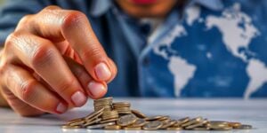 Person counting coins, World Bank poverty line change.
