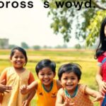 Smiling Indian family outdoors.