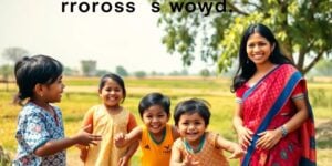 Smiling Indian family outdoors.