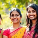 Indian family celebrating amid vibrant cultural elements.