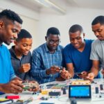Young Nigerian innovators collaborating with technology prototypes.