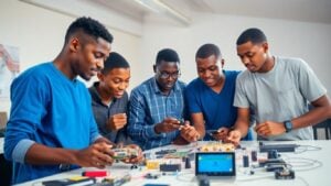 Young Nigerian innovators collaborating with technology prototypes.