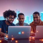 Young Nigerian tech team brainstorming in a futuristic setting
