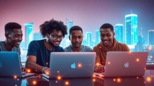 Young Nigerian tech team brainstorming in a futuristic setting