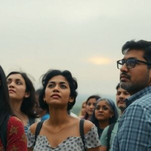 People looking at a hazy horizon under cloudy skies.
