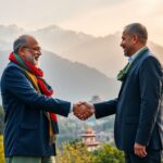 Handshake between Indian and Bhutanese with mountains behind.