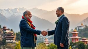Handshake between Indian and Bhutanese with mountains behind.