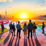 People on world map among city and rural backgrounds